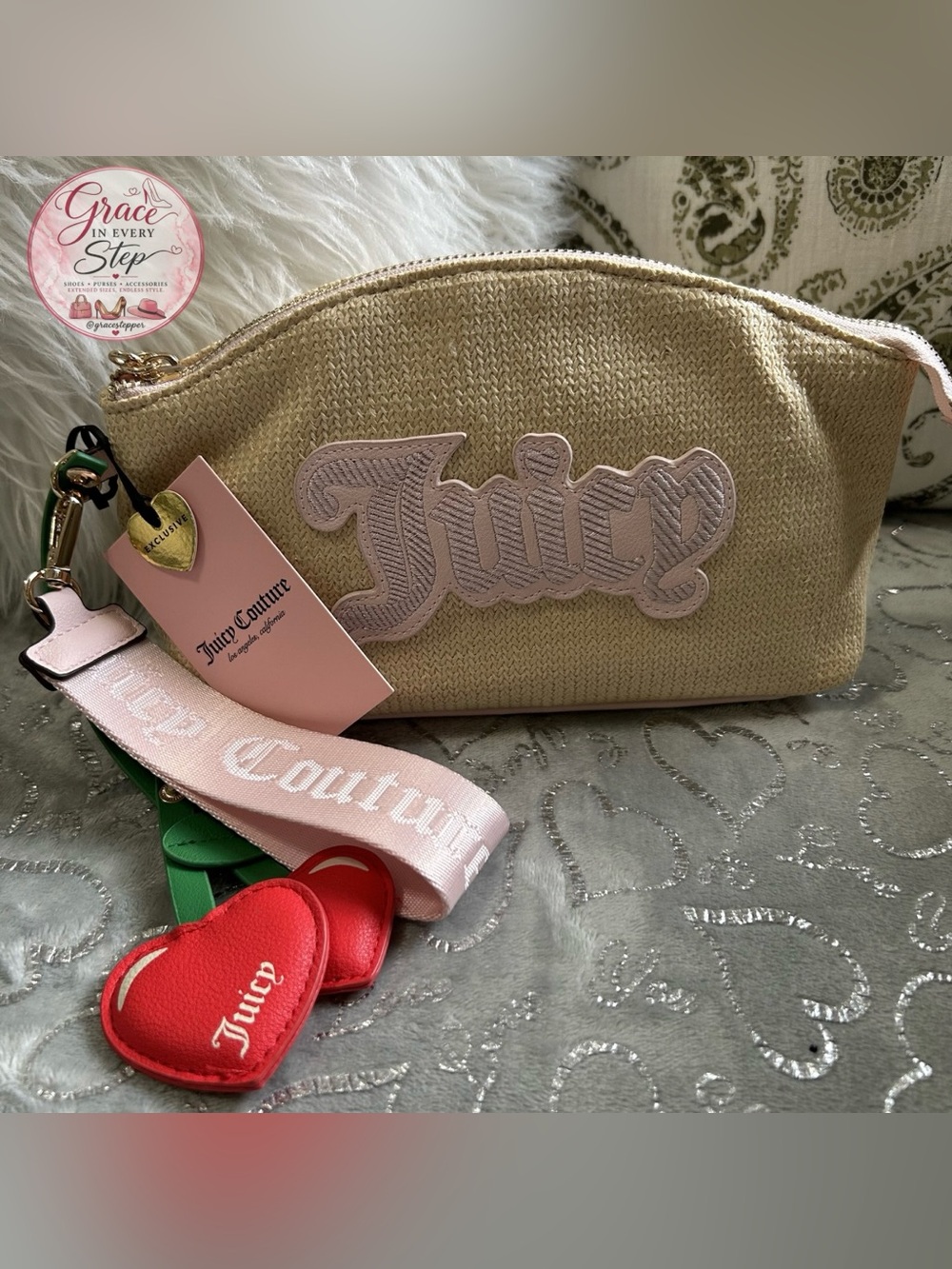 NWT Juicy Couture Beige Cosmetic Bag with Pink Logo Patch & Red Heart Charm